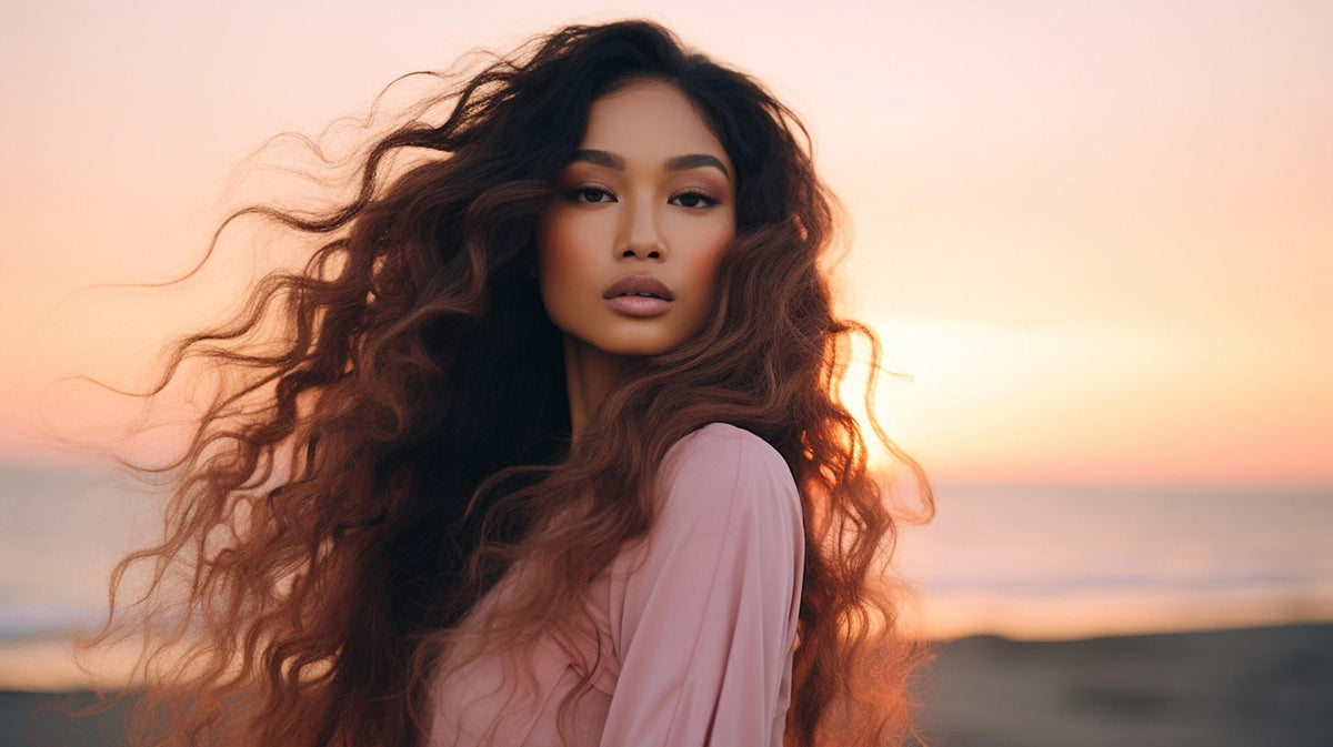 A woman with long flowing hair standing in the sunset light.