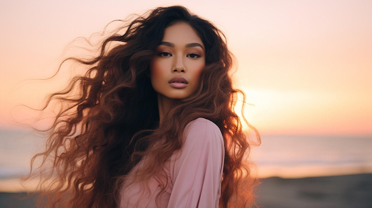 A woman with long flowing hair standing in the sunset light. 